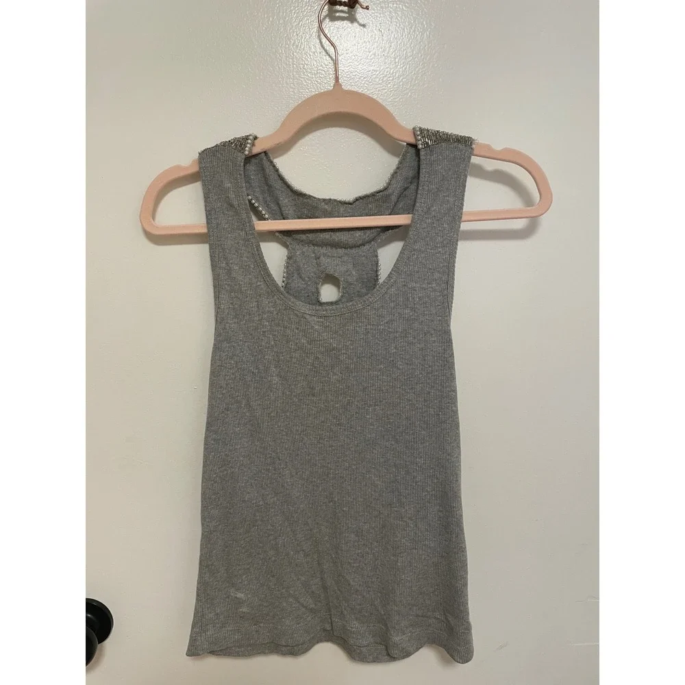 Y2K Beaded Back Racerback Tank Top Newport News Grey‎ Ribbed Size M